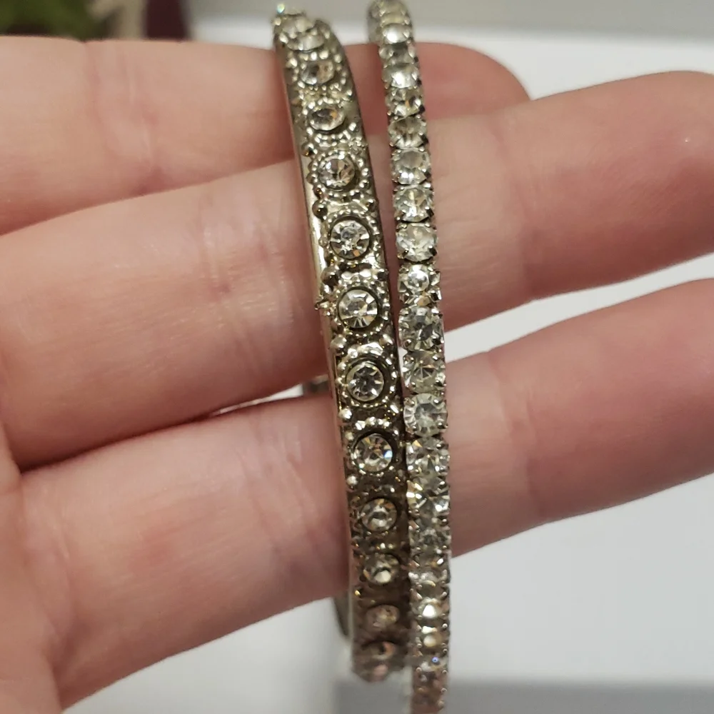 2 Vintage Silver Plated Crystal Bangle Bracelets Silver Crystal Lined Bangles